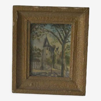 Peinture à l’huile sur panneau Château signée