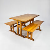 Mid century scandinavian pine dining set table and two benches, 1960s