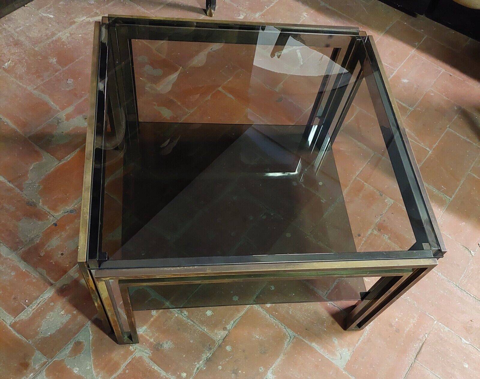 Smoked coffee table, brass, chromed metal, glass, 70s