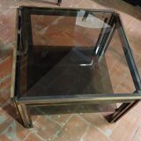Smoked coffee table, brass, chromed metal, glass, 70s