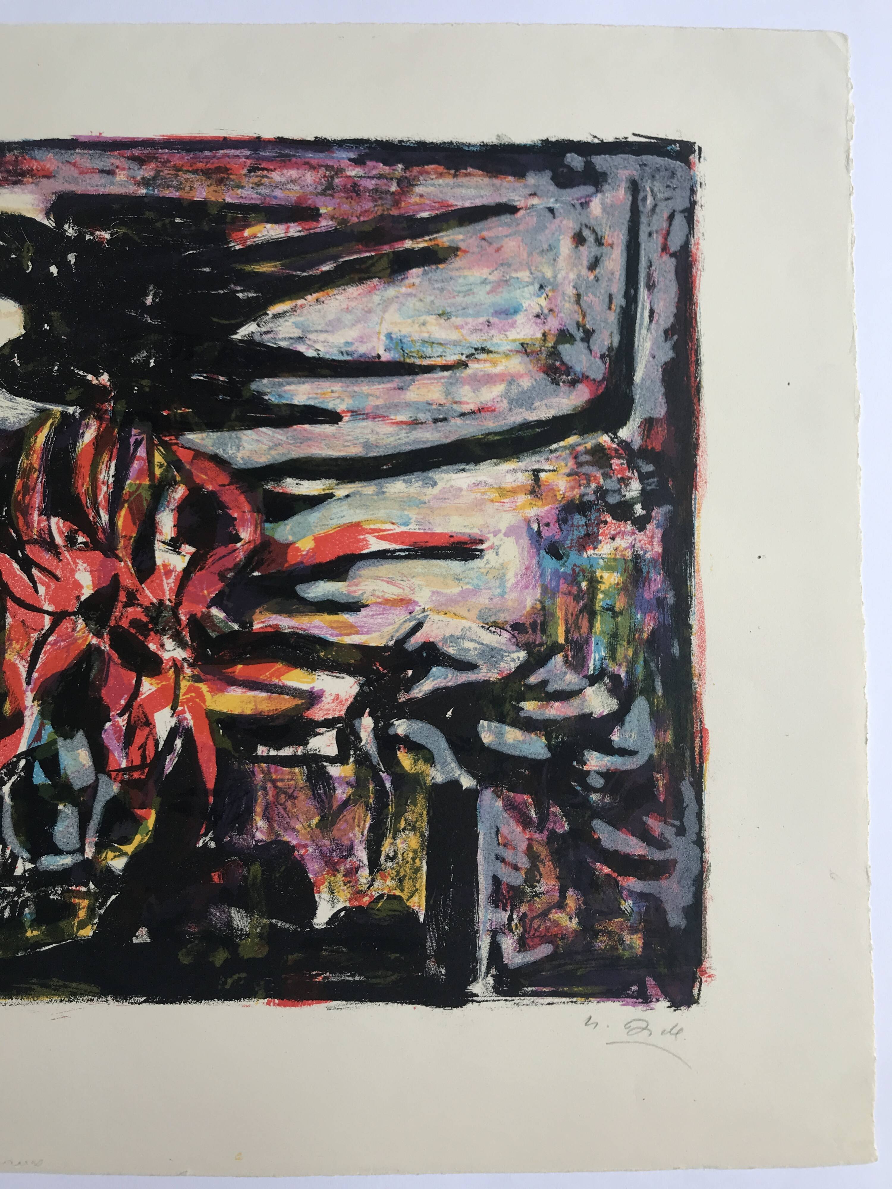 Yvette alde, flowers and birds, c 1950. lithograph signed in pencil