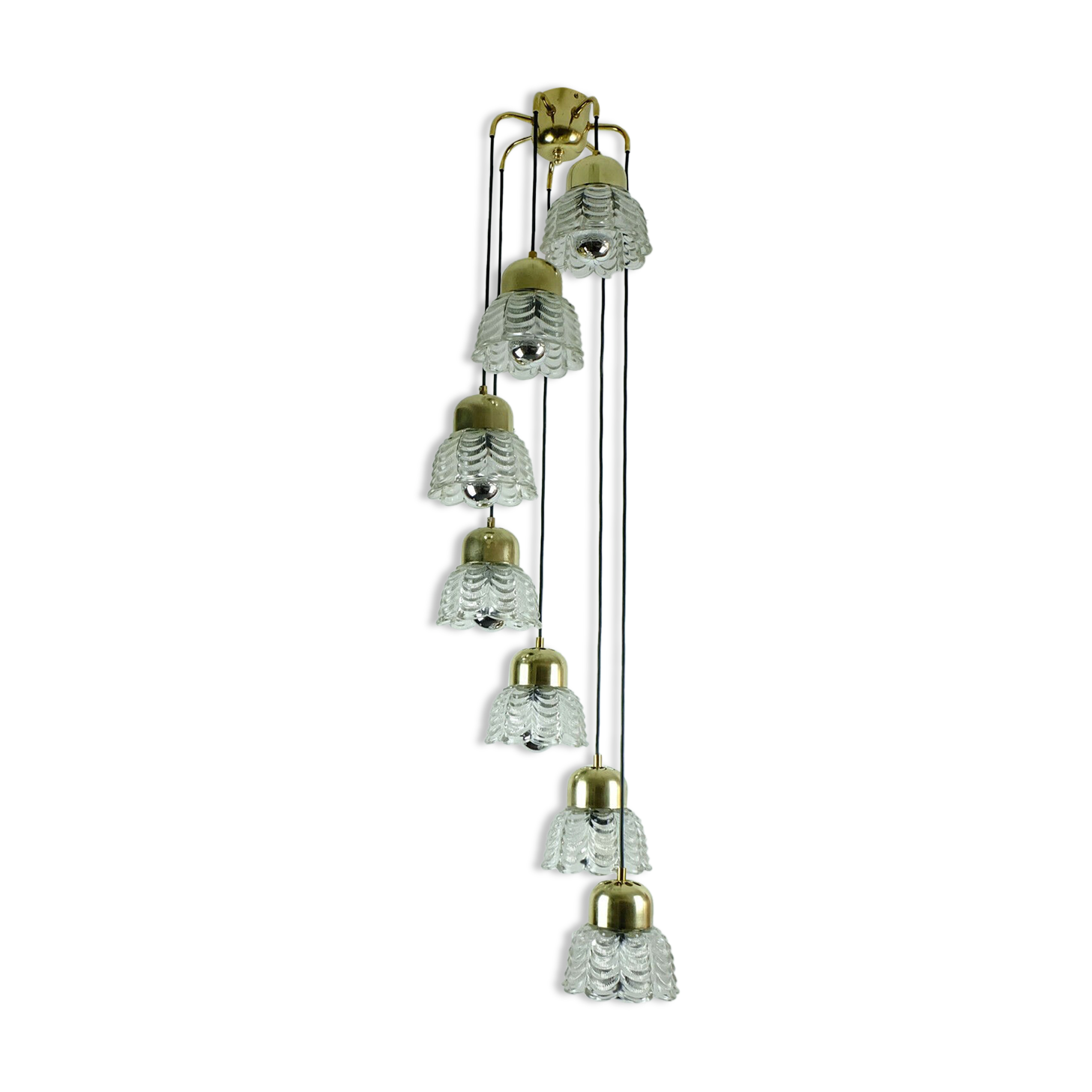 1960s mid century cascading lamp 7 flower-shaped glass shades and brass chandelier