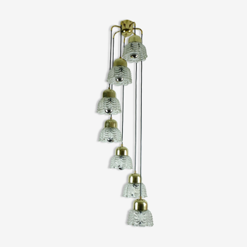 1960s mid century cascading lamp 7 flower-shaped glass shades and brass chandelier