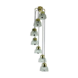 1960s mid century cascading lamp 7 flower-shaped glass shades and brass chandelier