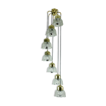 1960s mid century cascading lamp 7 flower-shaped glass shades and brass chandelier