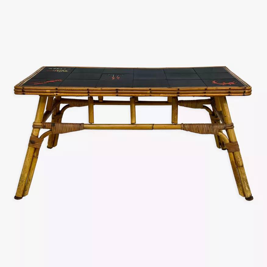 50s/60s coffee table in rattan and ceramic