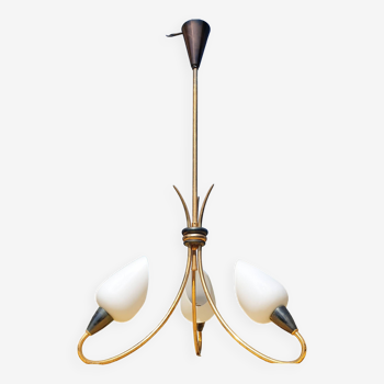pendant chandelier from the 1950s, white opal glass tulips