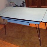 Table formica bleu tiroir pied effel avec rallonge