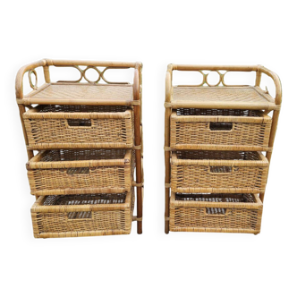 2 commodes chevets bambou et rotin vintage des années 1970