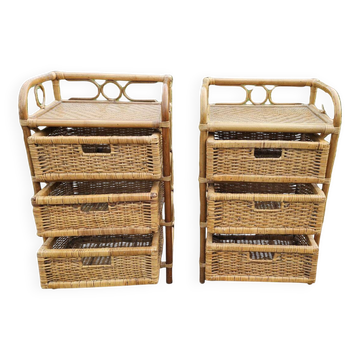 2 vintage bamboo and rattan bedside tables from the 1970s