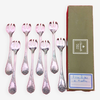 Christofle 8 fourchettes a huitres - metal argente- modele marly- 14.5 cm