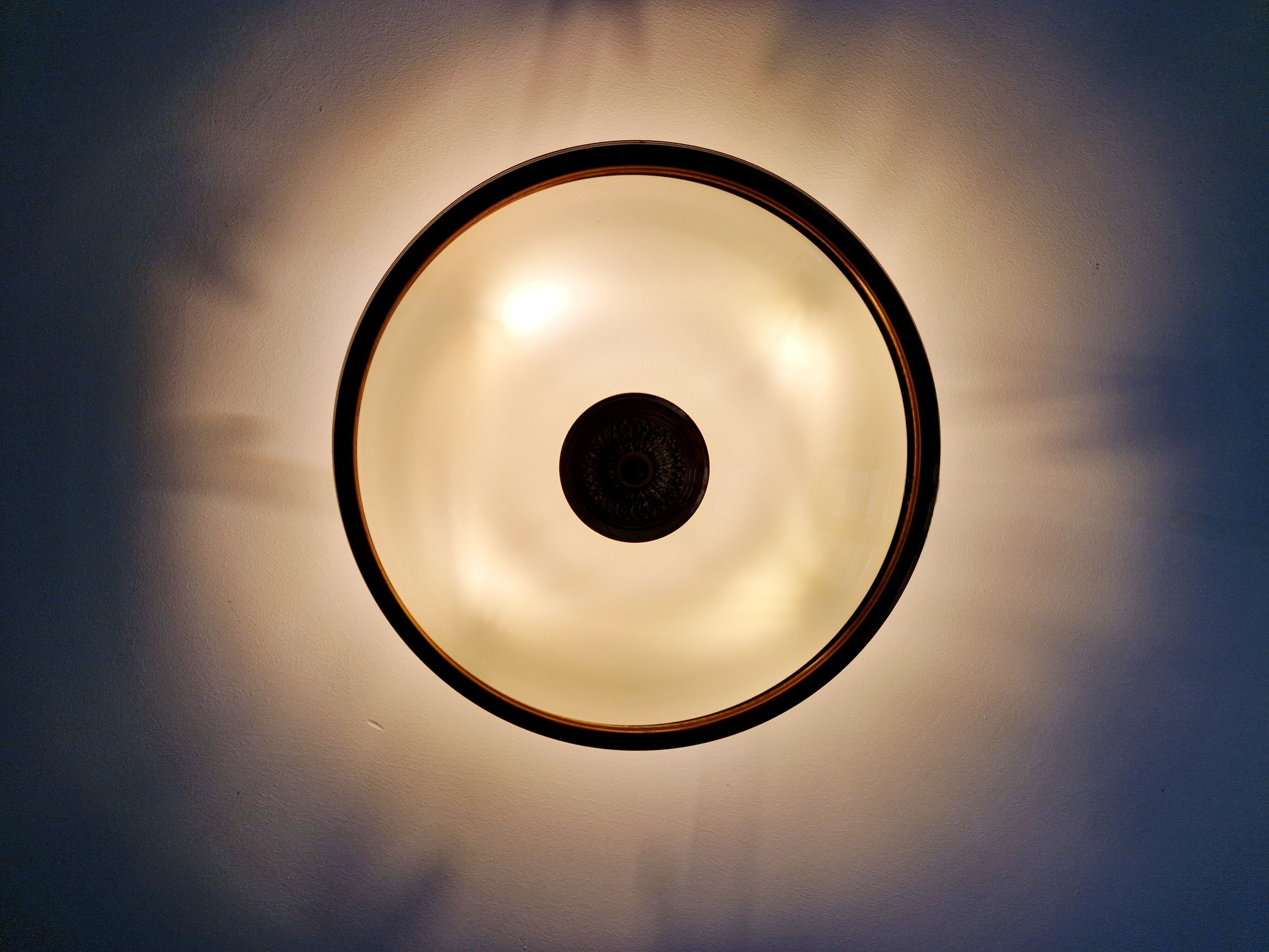 Mid-century ceiling light in brass and white opaline, 1950s