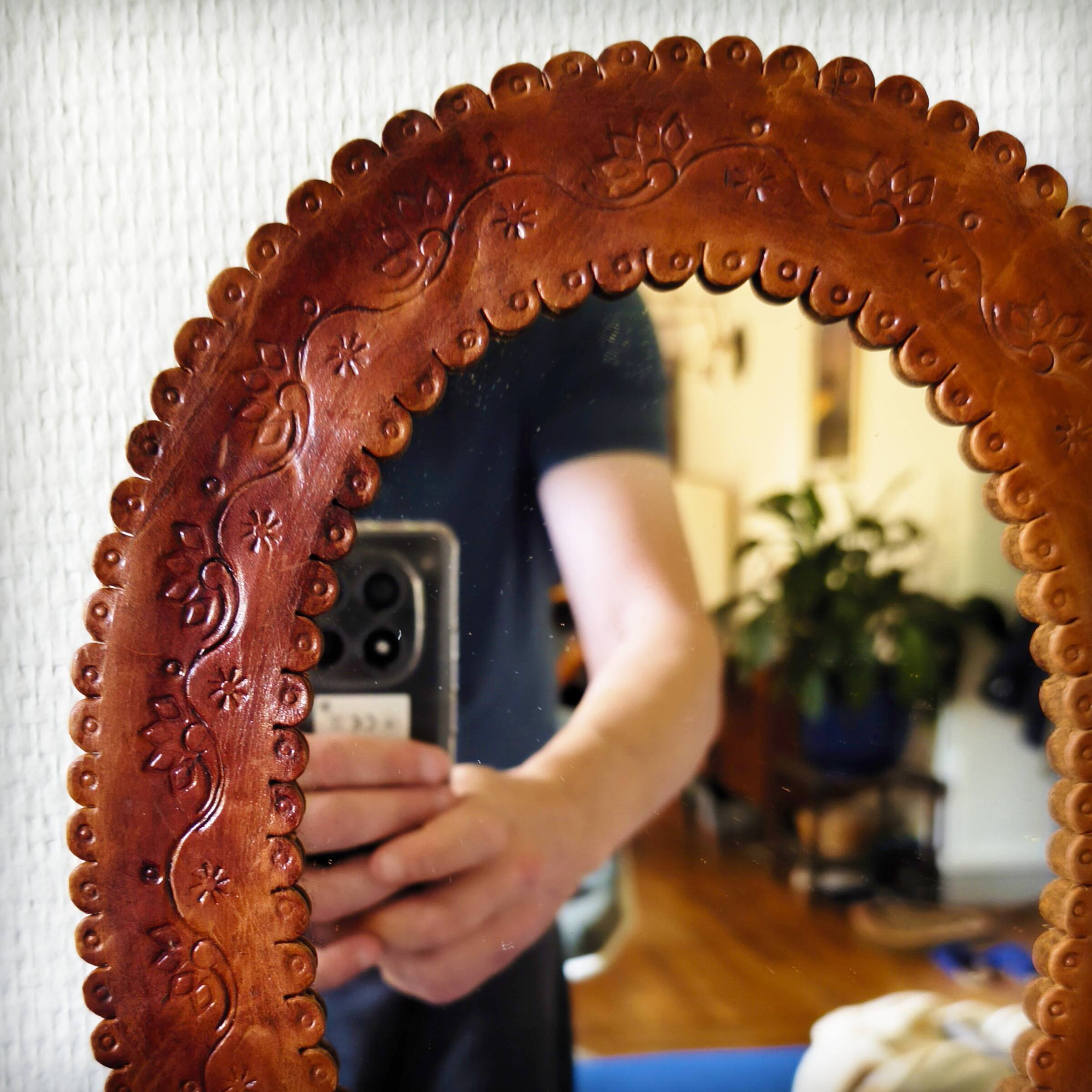 Leather repoussé mirror, Sri Lanka, 1960s