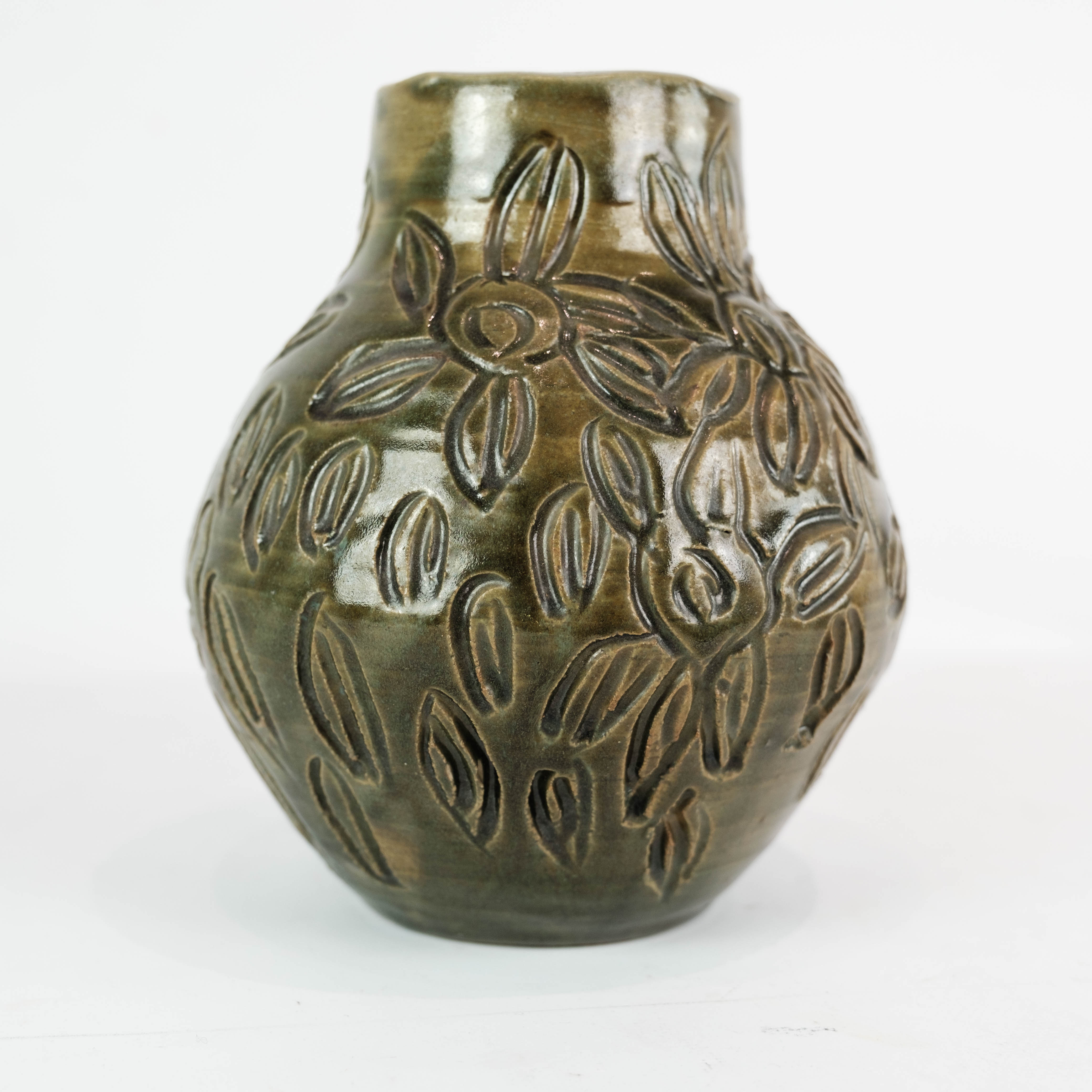 Ceramic vase with dark glaze and floral pattern of unknown Danish artis, 1960s