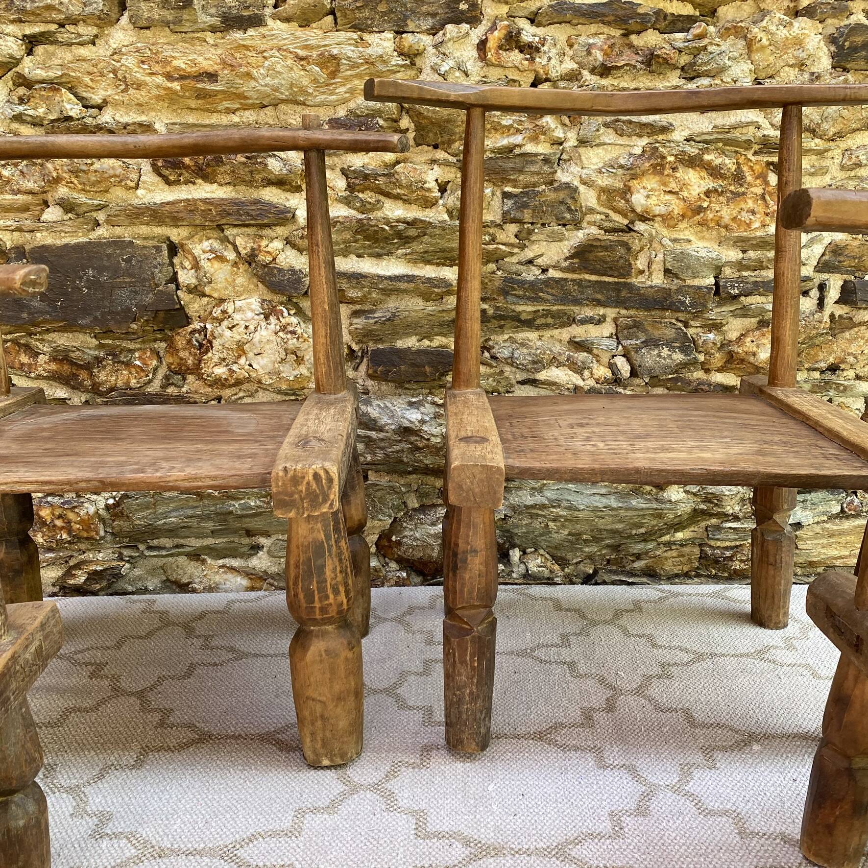 Ancient Baoulé African chairs in carved wood, Wabi-Sabi.