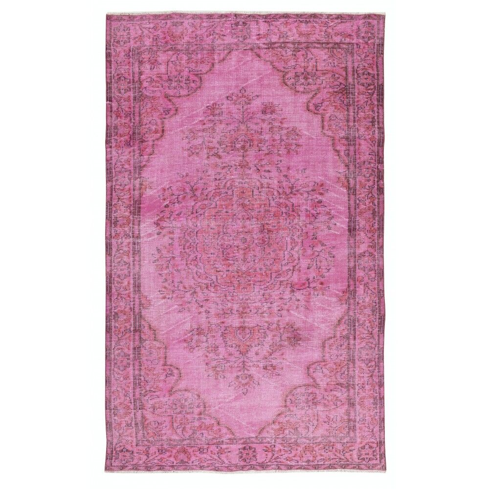 Vintage Handmade Turkish Wool Area Rug Overdyed in Pink for Contemporary Interiors
