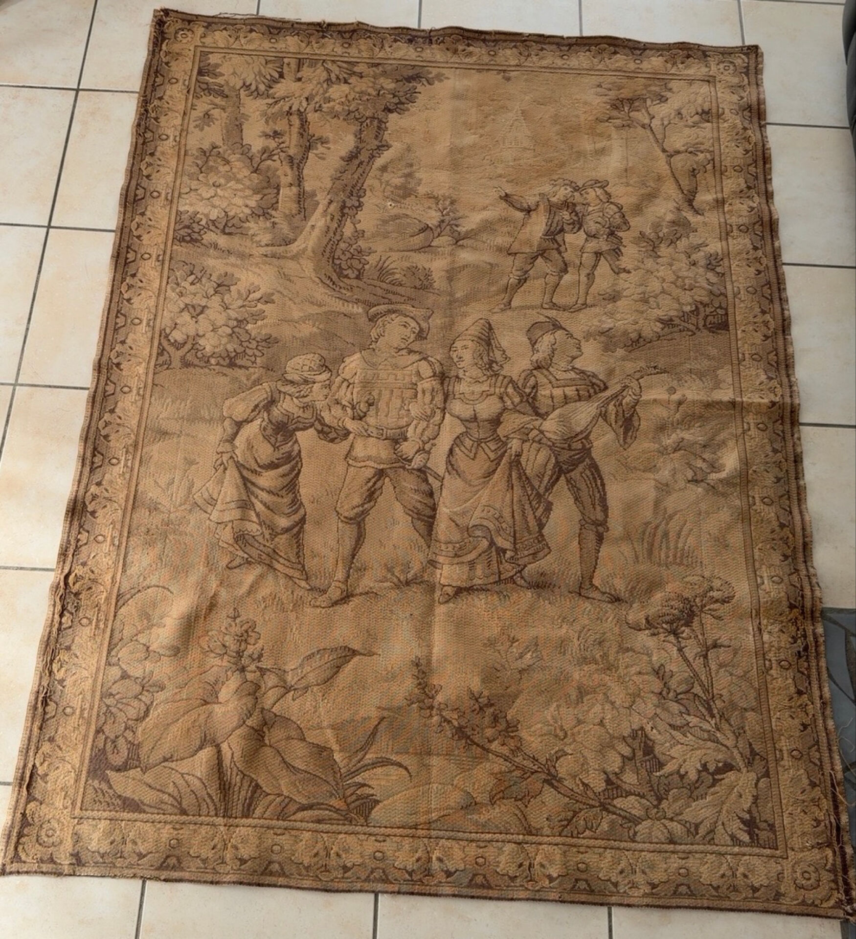 Ancient French Gobelin tapestry – Gallant scene – Early 20th century