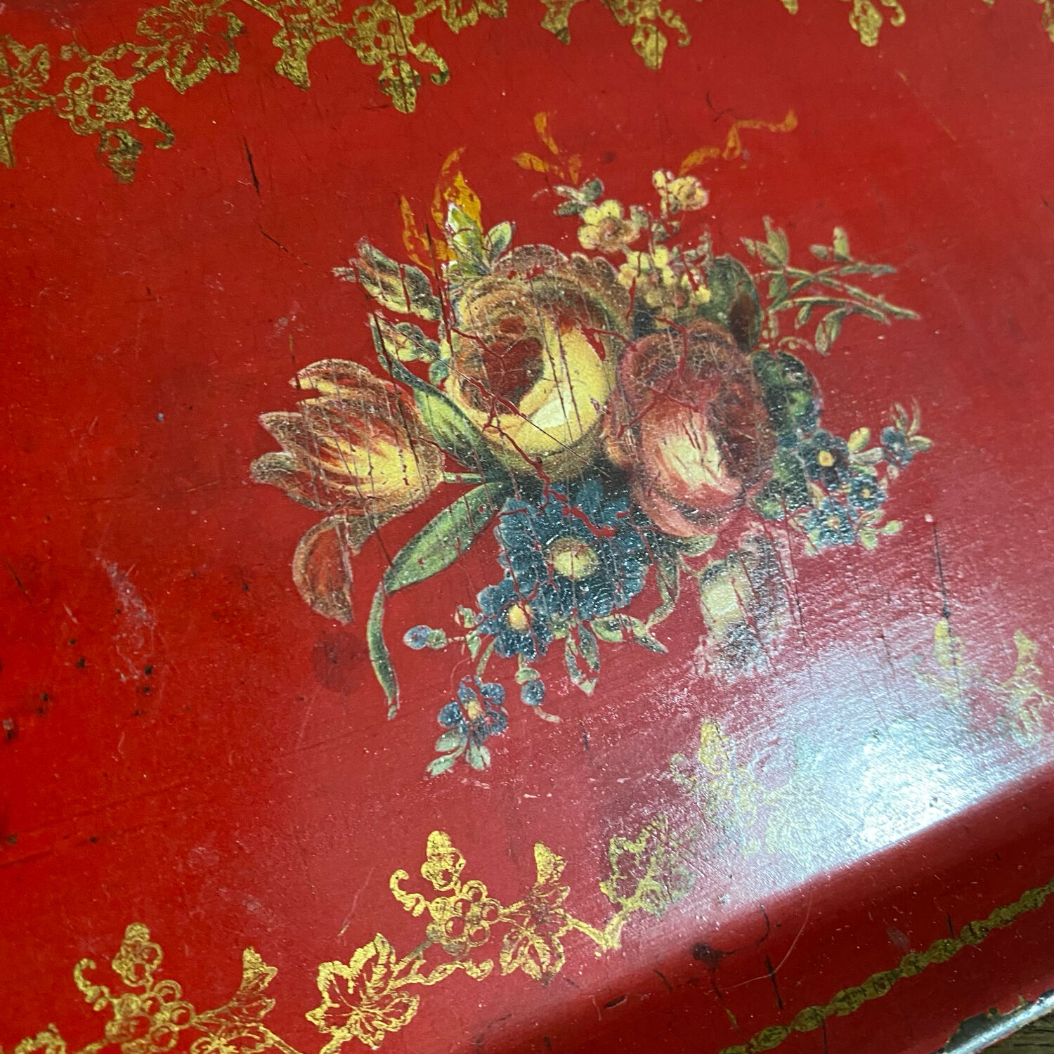 Antique metal tray with painted flowers