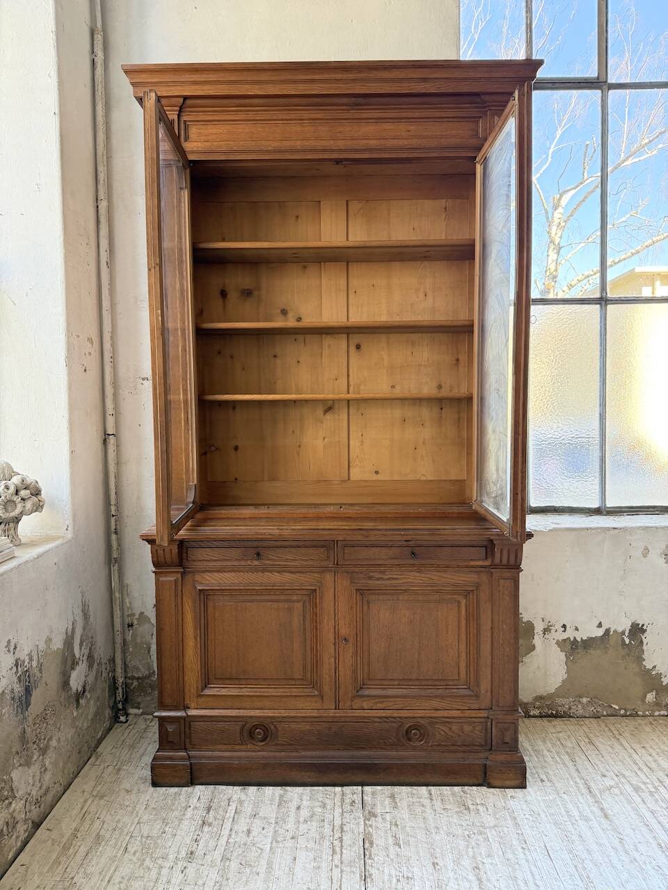 Antique XL Napoleonic oak glass bookcase, 19th century