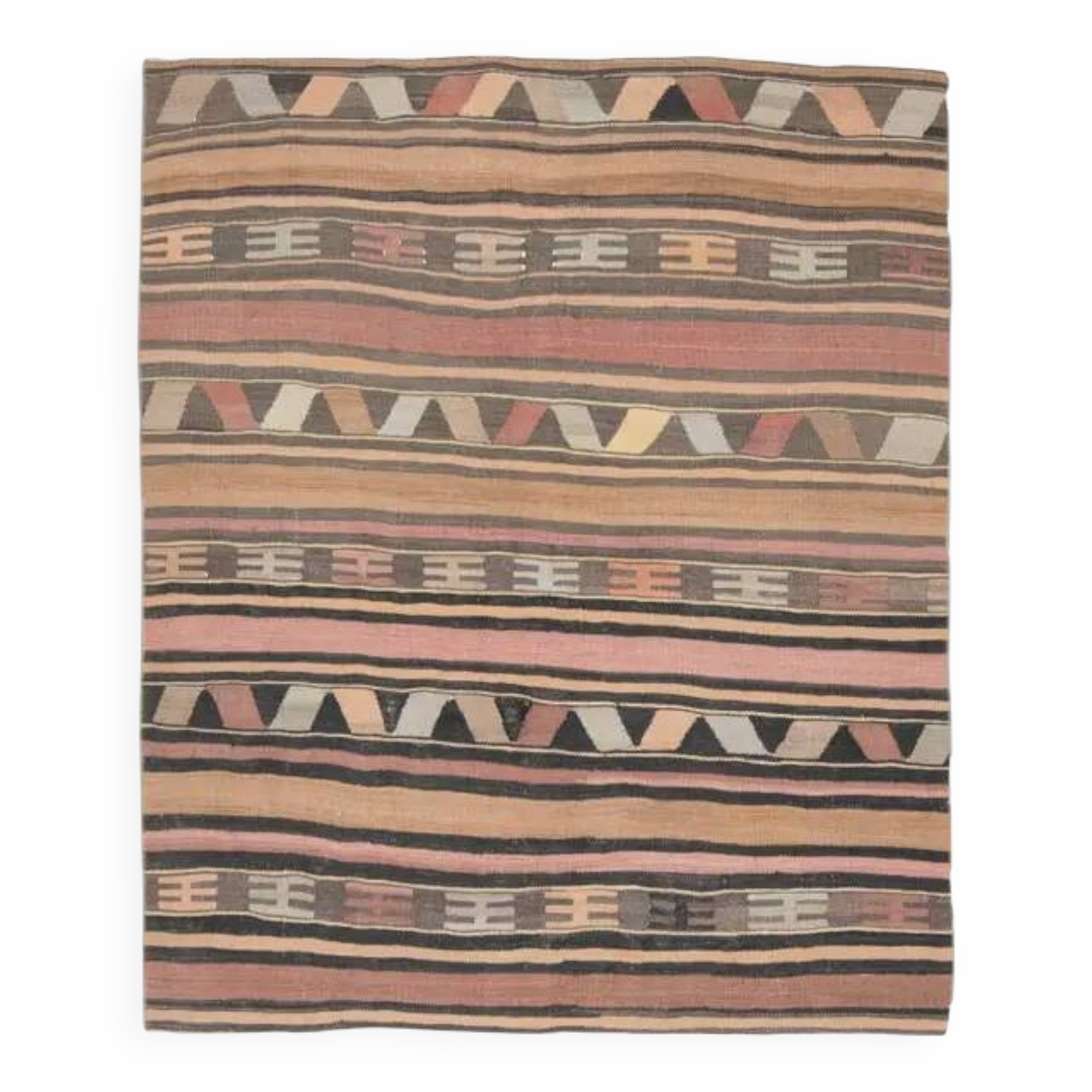 1970s Vintage Turkish Oushak Handmade Wool Cotton Brown Kilim Rug 148x174