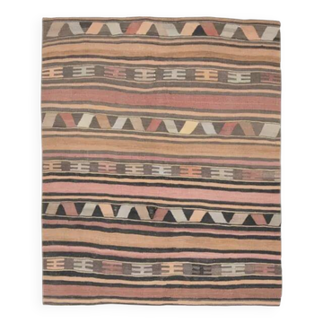 1970s Vintage Turkish Oushak Handmade Wool Cotton Brown Kilim Rug 148x174