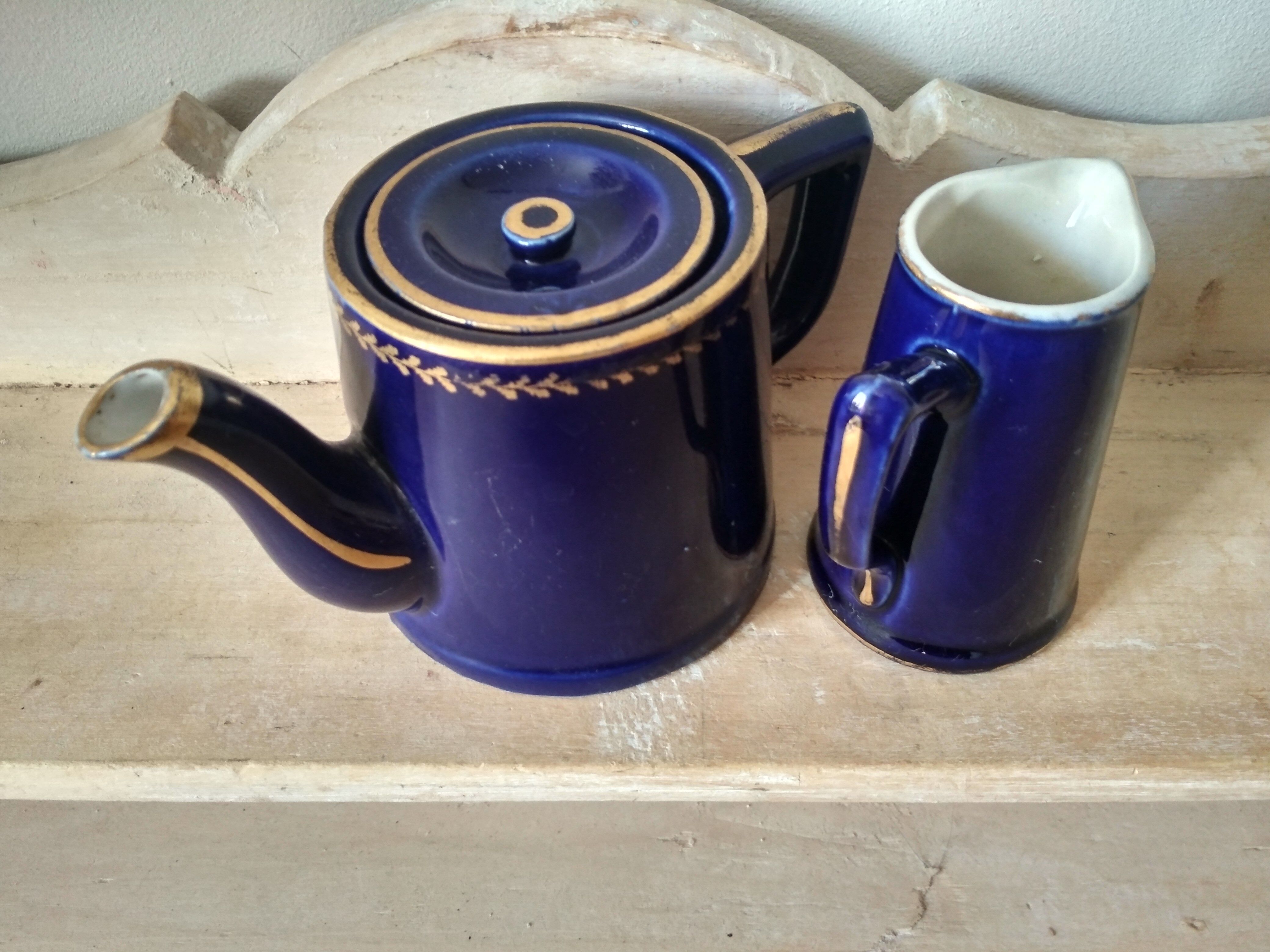 Small blue and gold teapot - milk pitcher - cobalt blue earthenware 1930