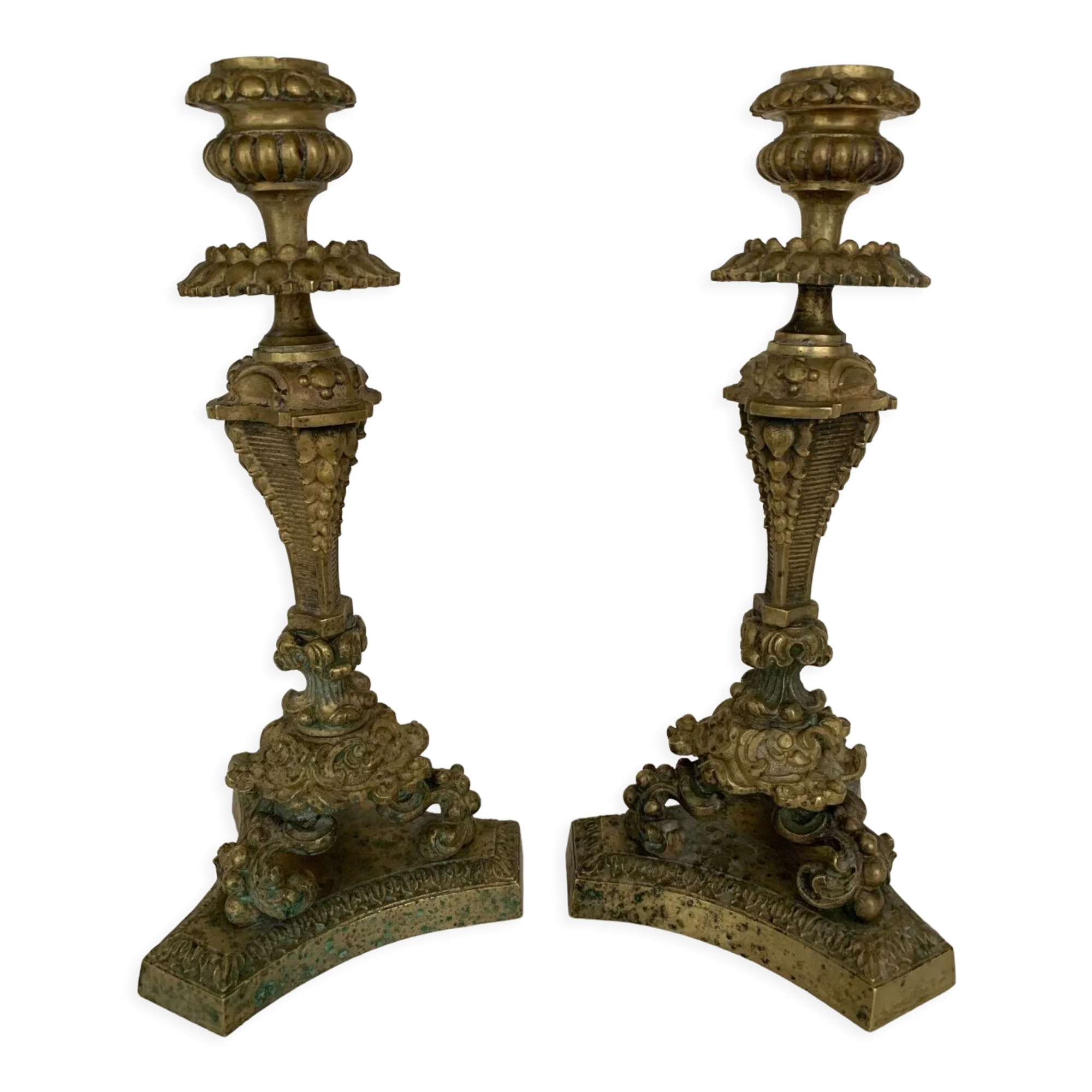 Pair of bronze candle holders with neogothic nineteenth chiseling