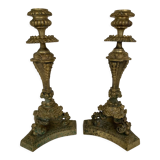 Pair of bronze candle holders with neogothic nineteenth chiseling