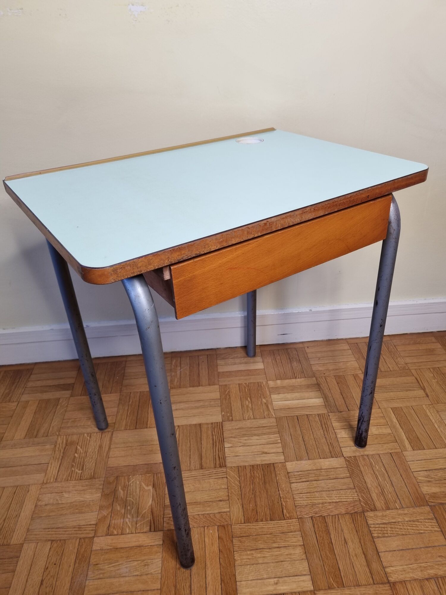 Set chair and school desk in steel, wood and formica, 50s-60s