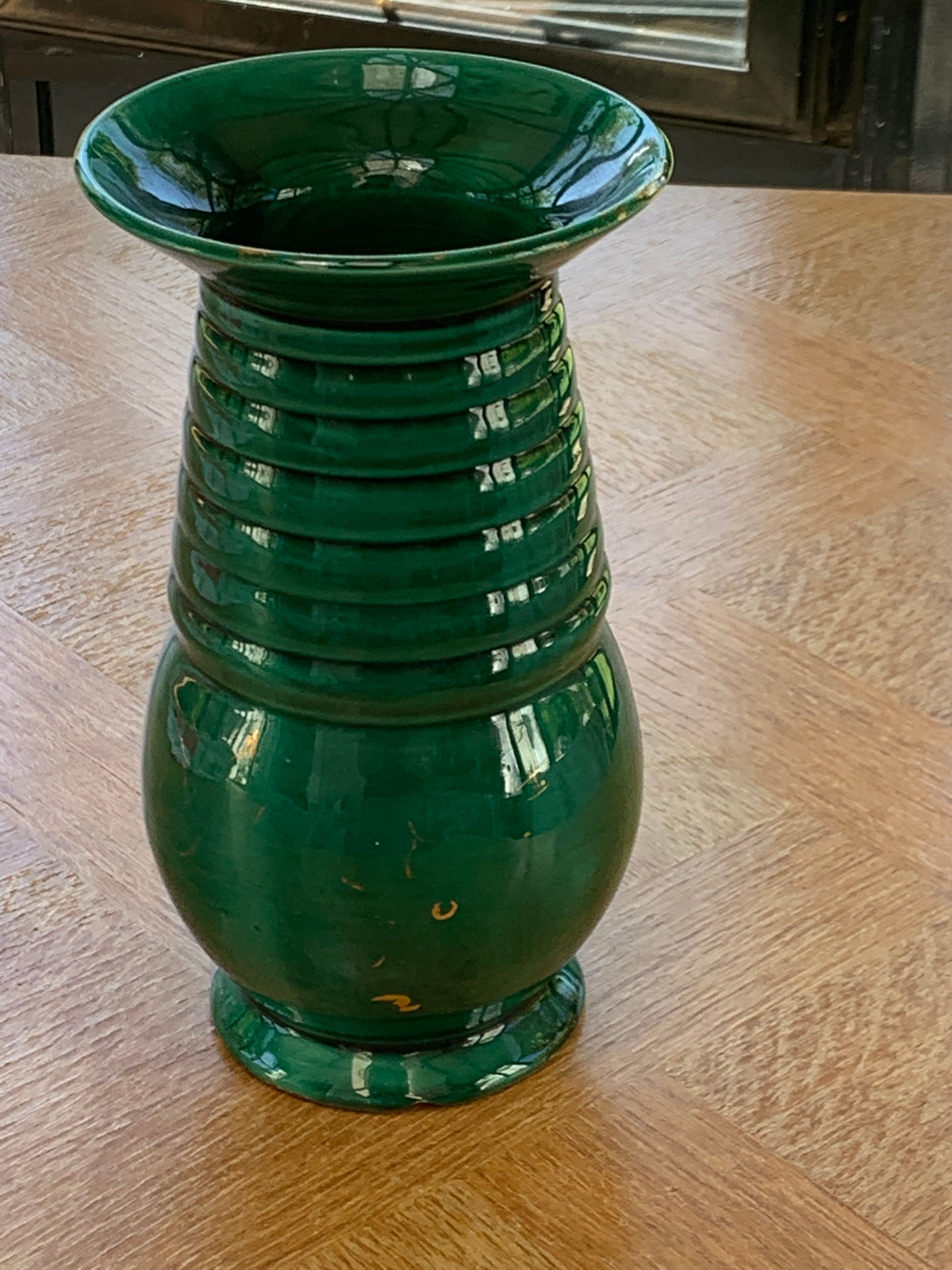 Ceramic vase enamelled green slurry style vallauris vintage 1950