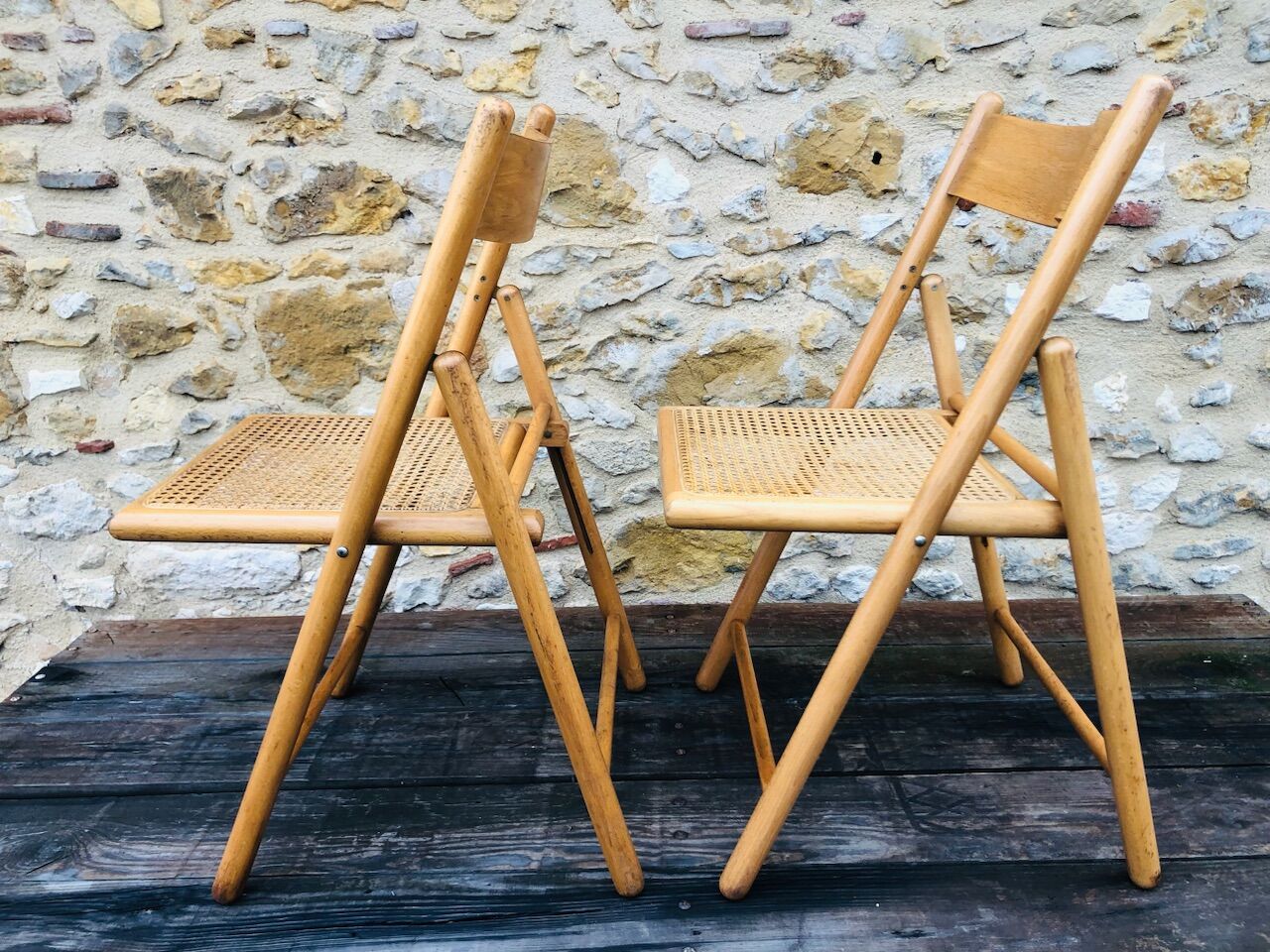 Set of 2 vintage folding chairs, rattan cane for Habitat, circa 70/80