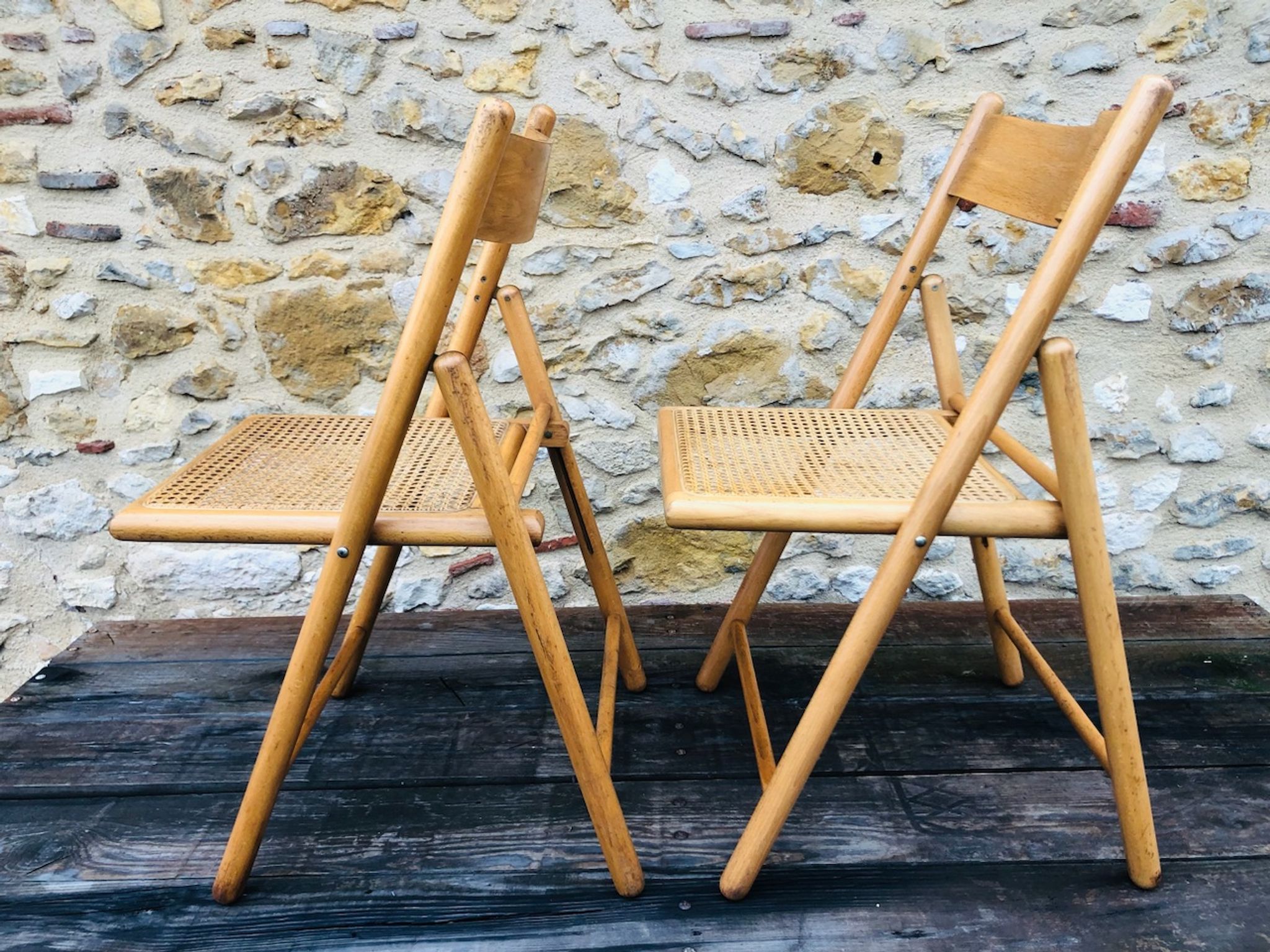 Set of 2 vintage folding chairs, rattan cane for Habitat, circa 70/80