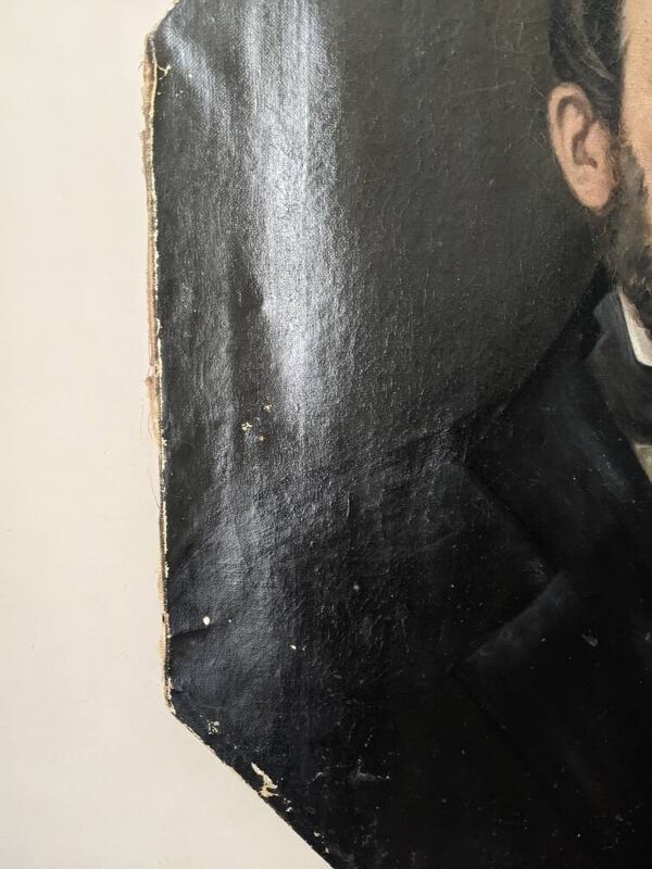 Tableau ancien huile sur toile octogonale portrait décoration campagne