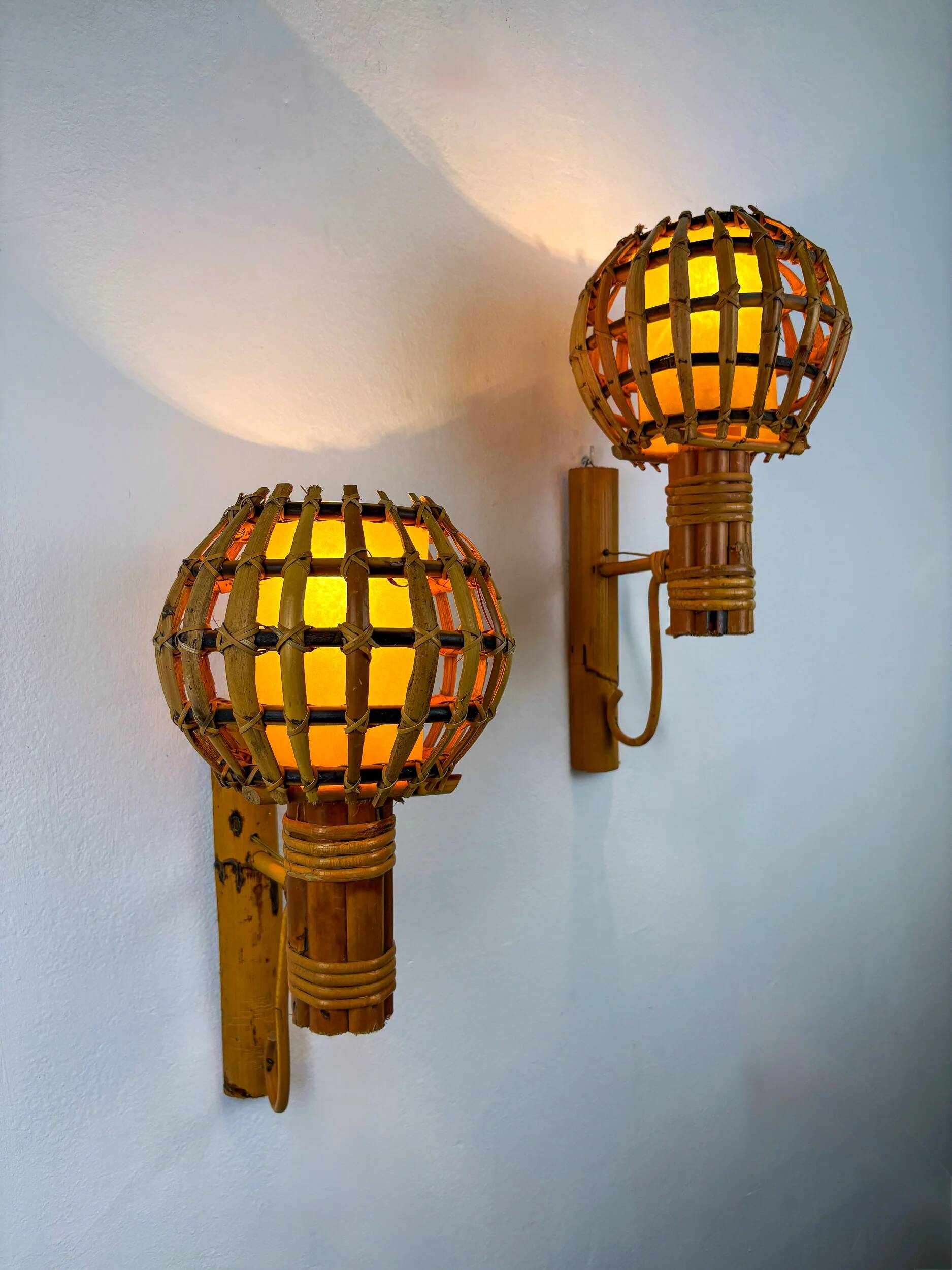 Pair of mid-century rattan wall sconces, Italy 1970s