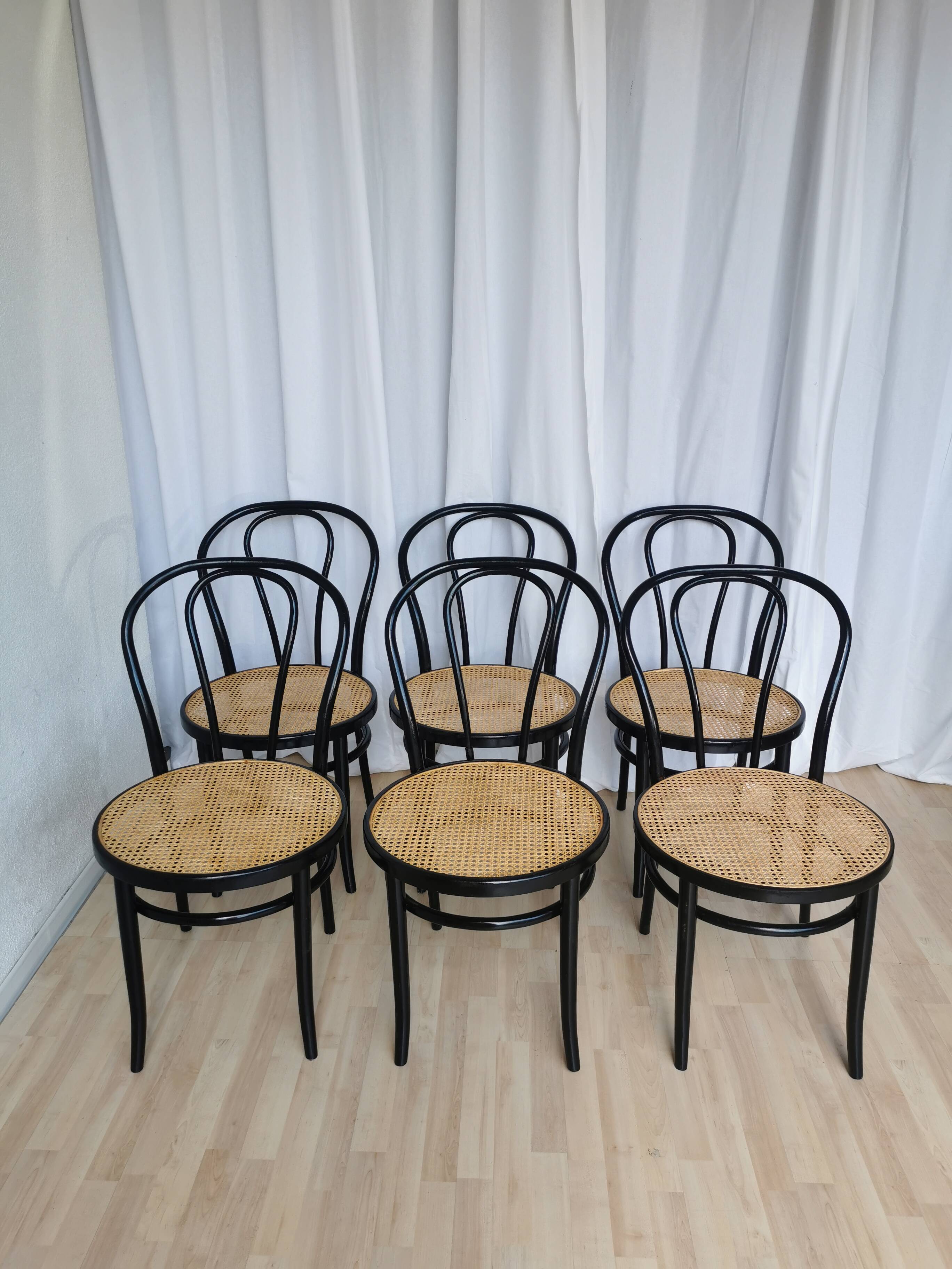 Set of 6 Vintage Thonet Style Dining Chairs: Black Bentwood Cane Seat