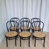Set of 6 Vintage Thonet Style Dining Chairs: Black Bentwood Cane Seat