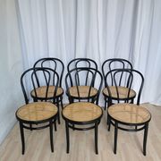 Set of 6 Vintage Thonet Style Dining Chairs: Black Bentwood Cane Seat