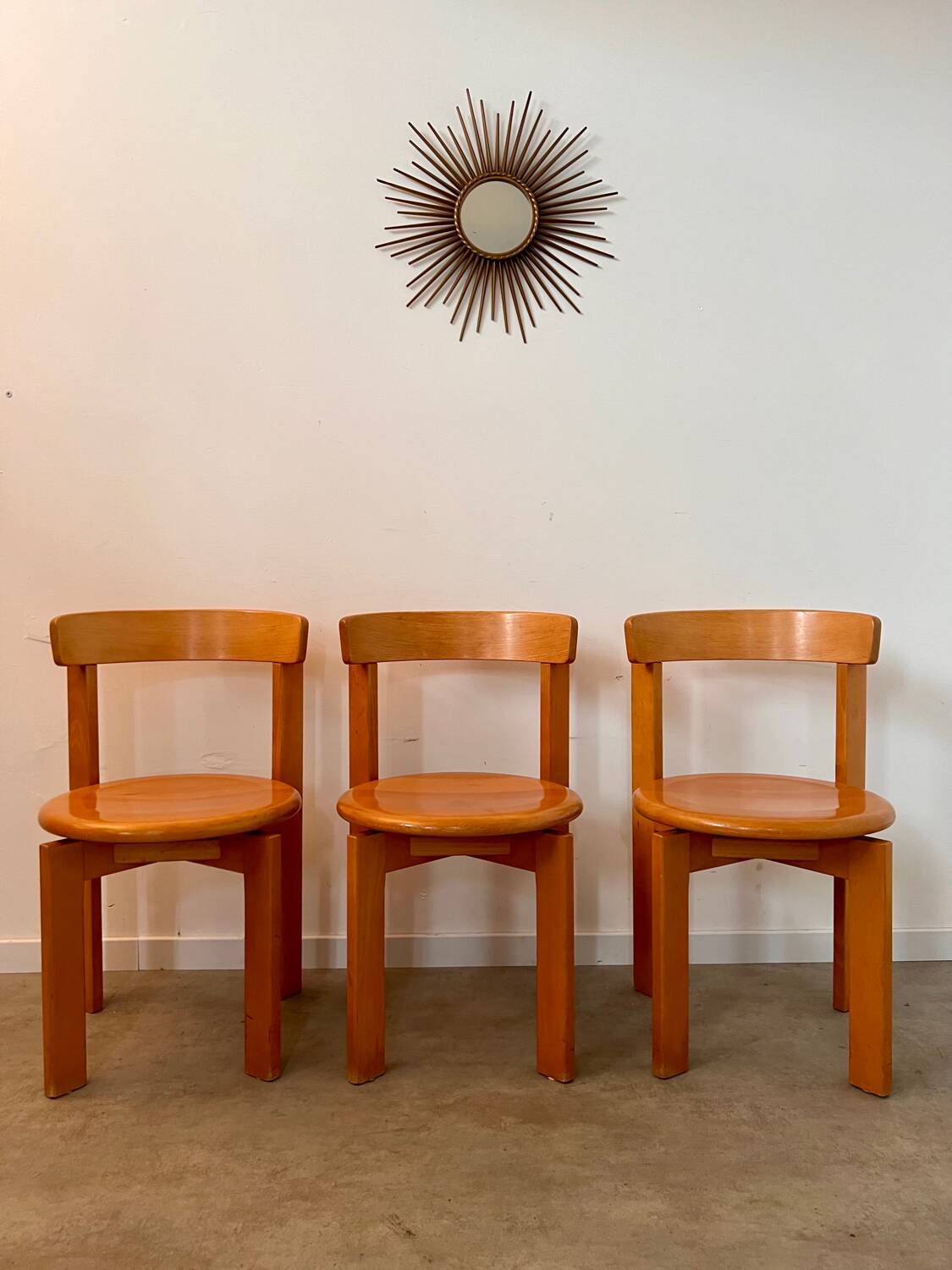Set of 3 solid beech wood chairs, vintage 70s design