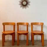 Set of 3 solid beech wood chairs, vintage 70s design