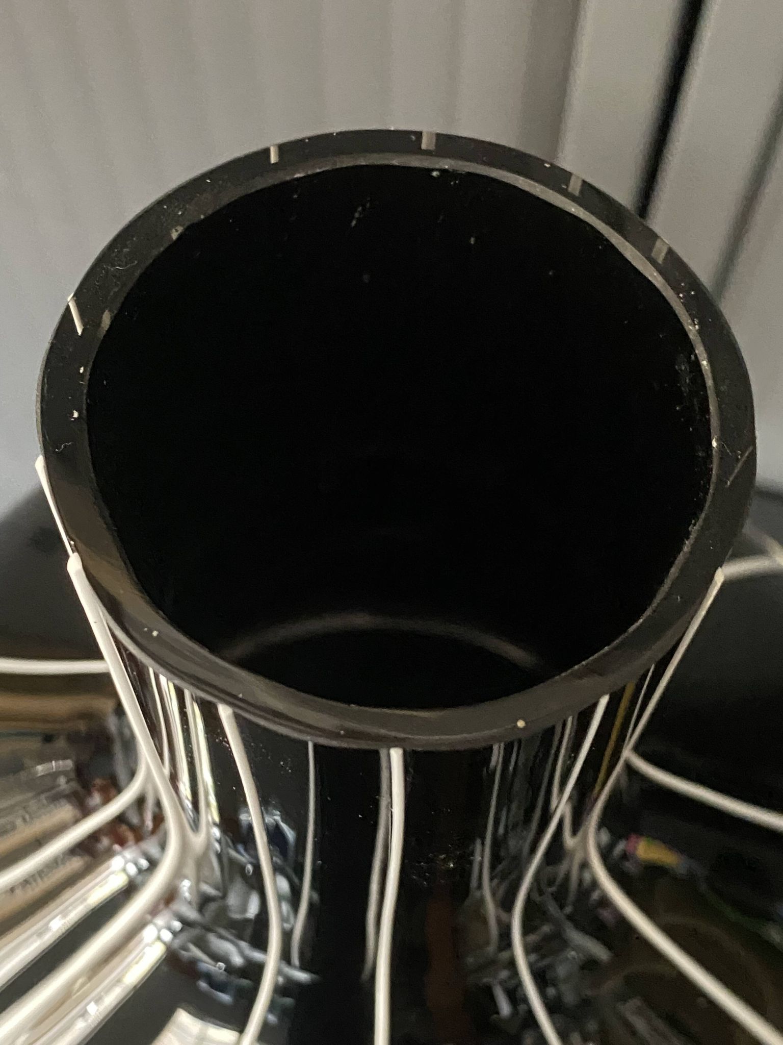Black glass vase with white stripes, vintage 1950.