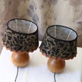 Pair of pear wood bedside lamps with leopard shades