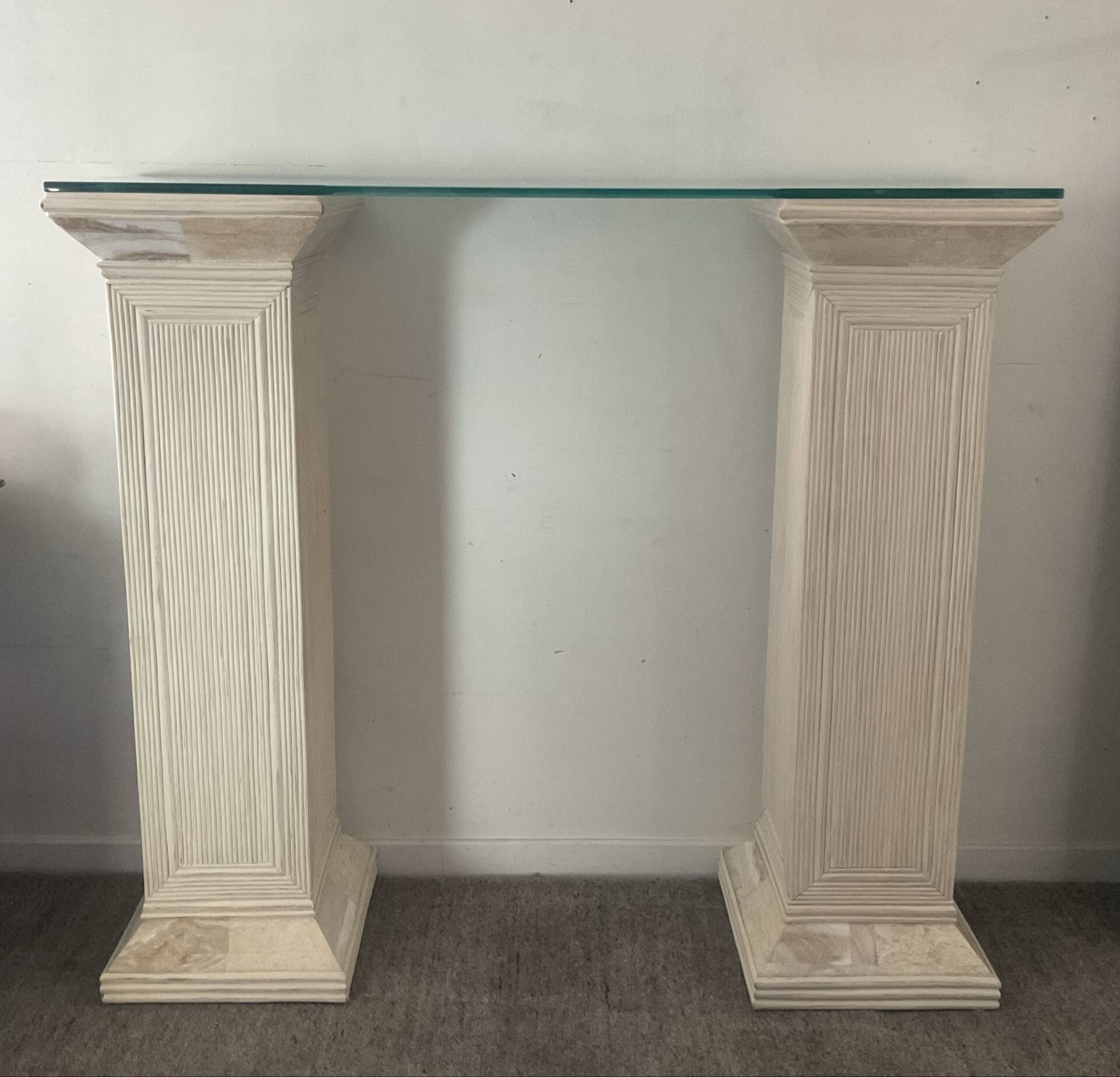 Console vintage en travertin, bois et verre