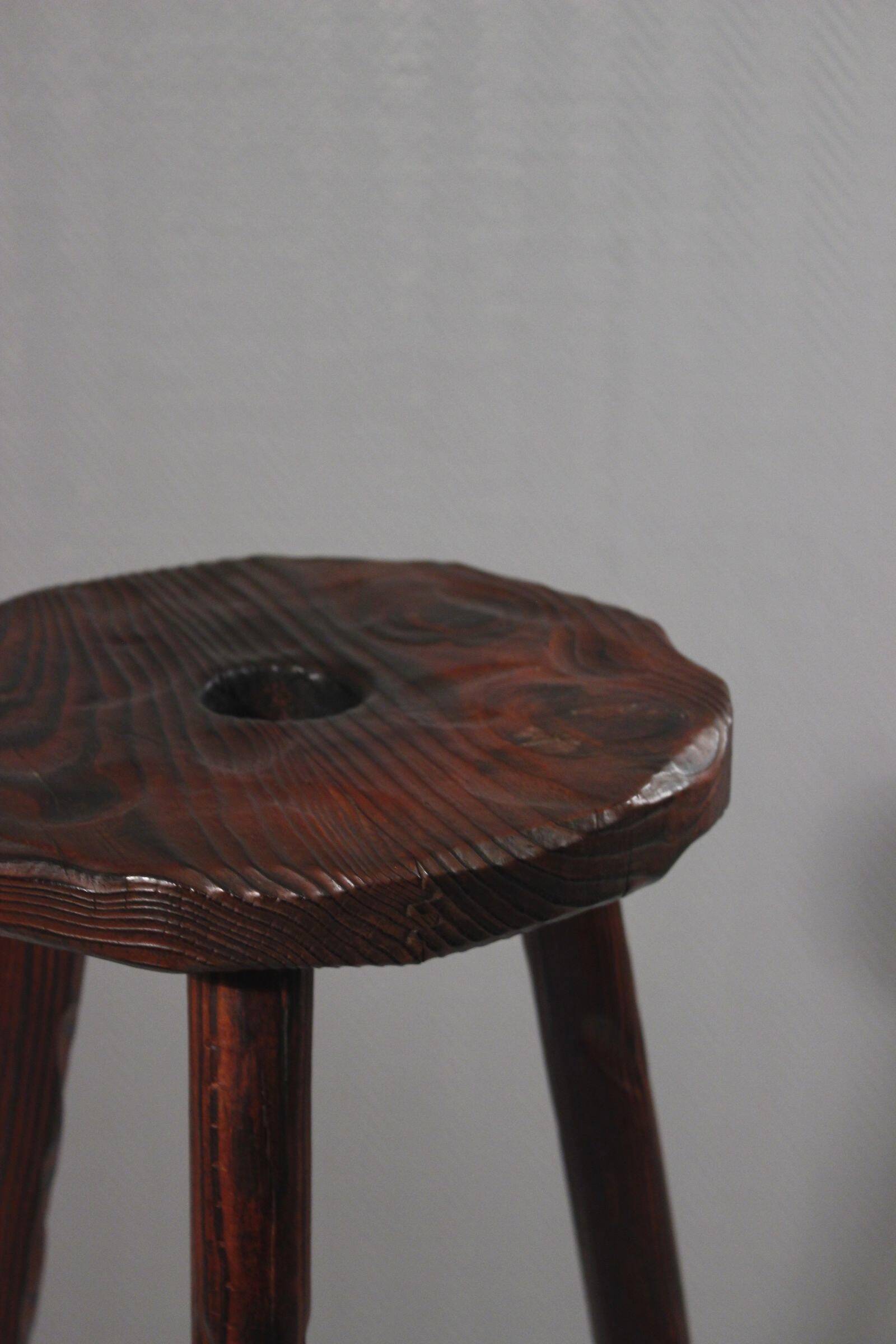 Brutalist tripod stool, solid pine, 1950s