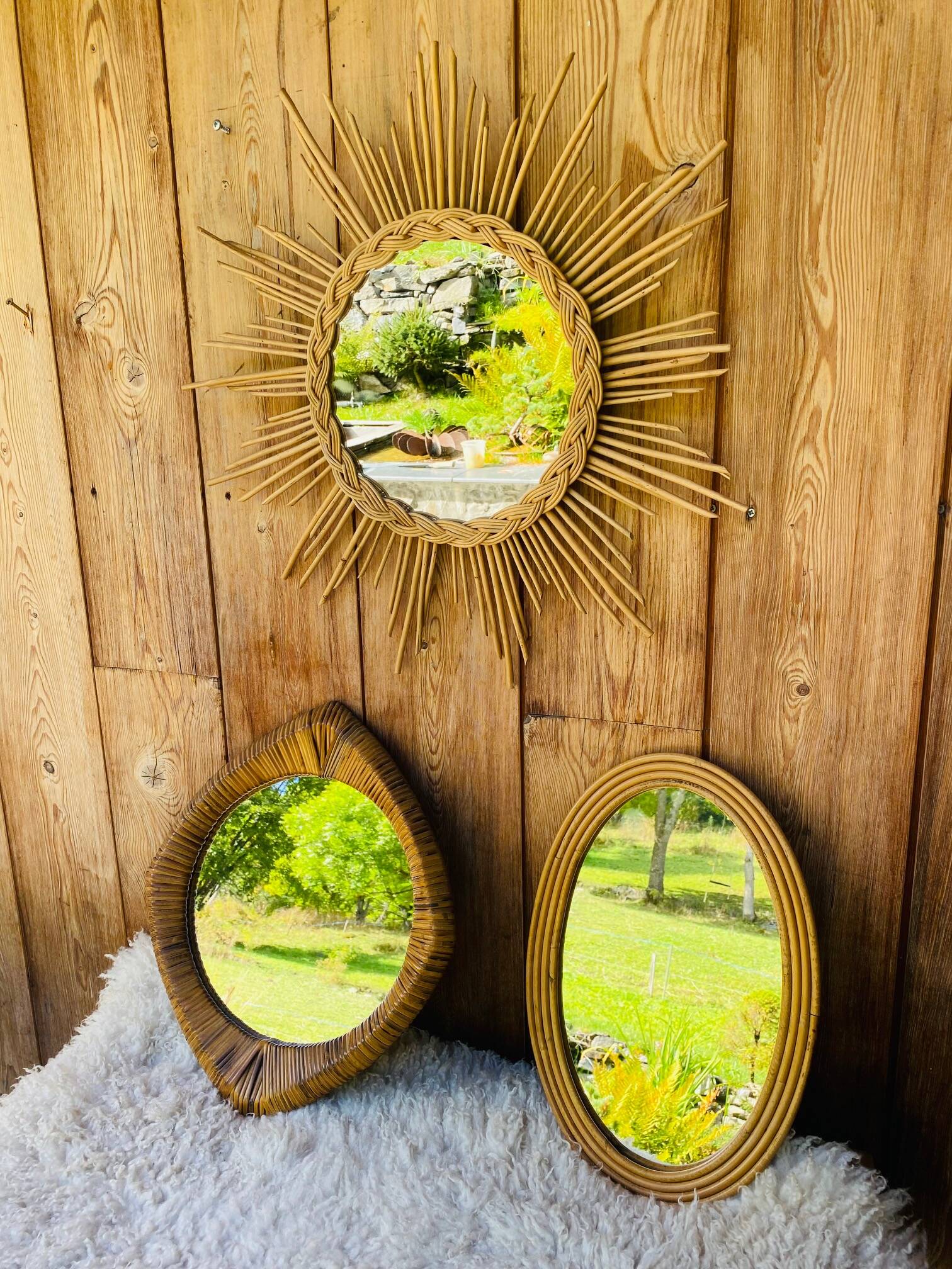 Vintage 60s/70s rattan sun mirror.