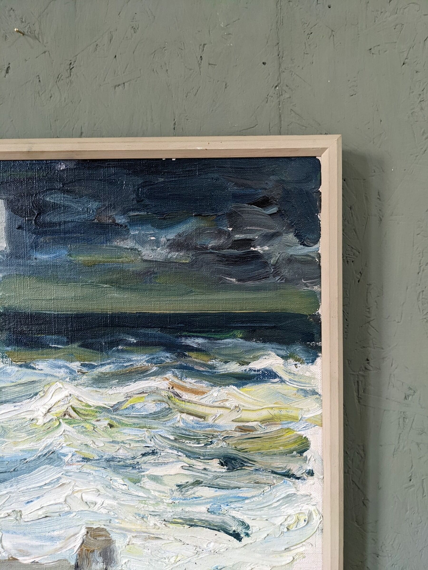 Mid-Century Modern Swedish "Watching the Storm" Vintage Expressive Seascape Oil Painting, Framed