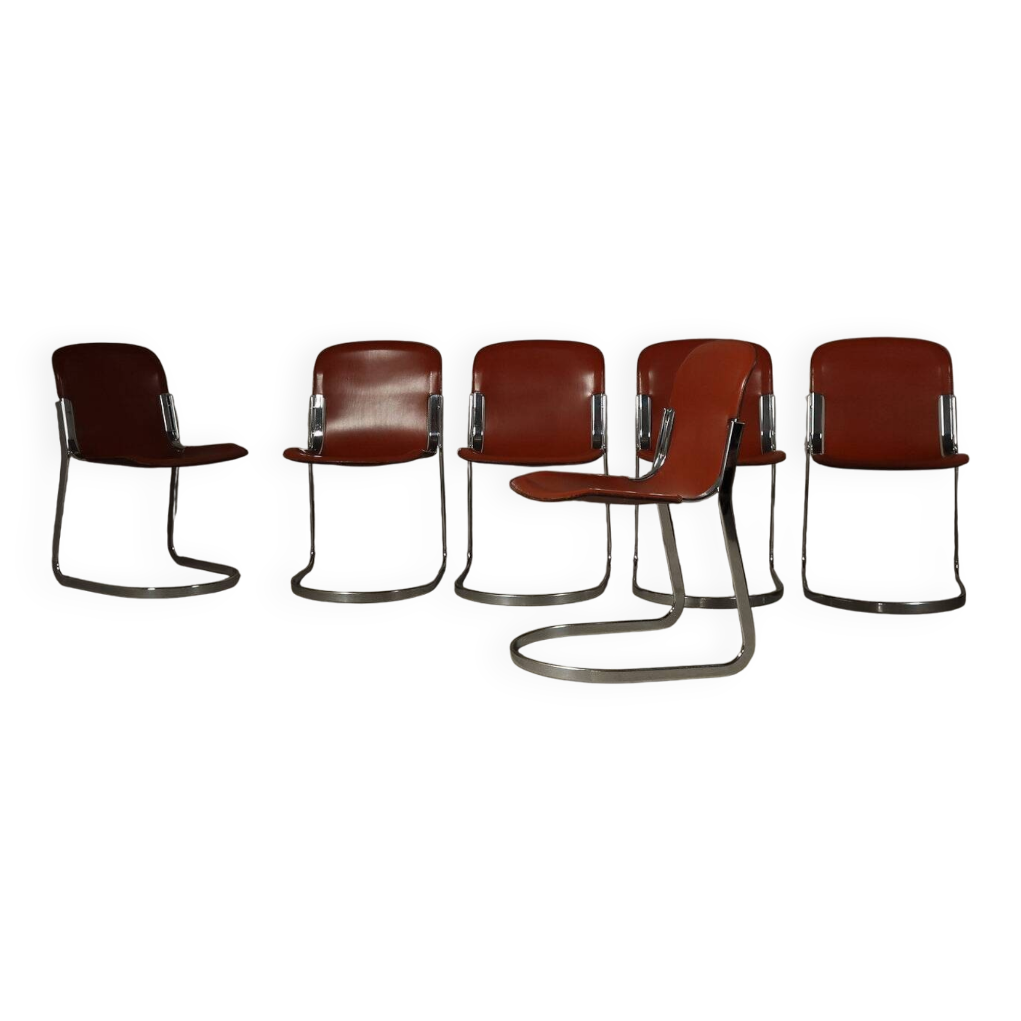 Ensemble de six chaises de salle à manger en cuir à structure cantilever par Willy Rizzo pour Cidue, années 1970.