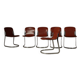 Ensemble de six chaises de salle à manger en cuir à structure cantilever par Willy Rizzo pour Cidue, années 1970.