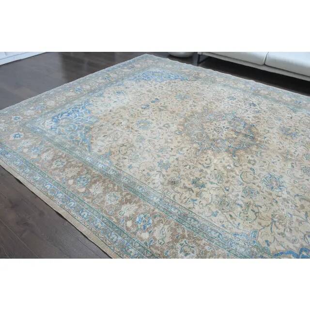 1970s Vintage Persian Handmade Wool Cotton Light Brown Area Rug 295x394