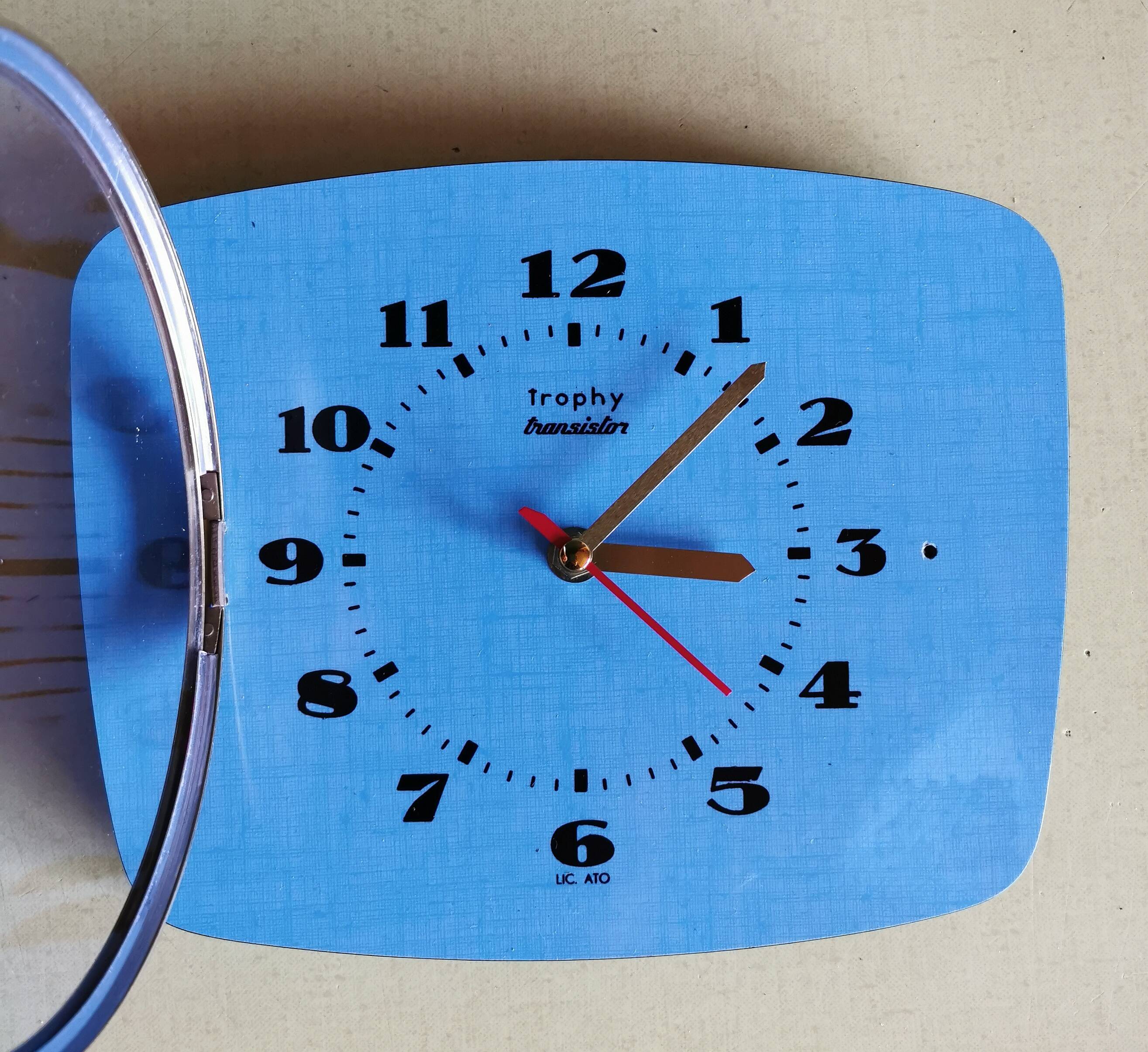 Vintage formica clock rectangular silent wall pendulum "Trophy blue"