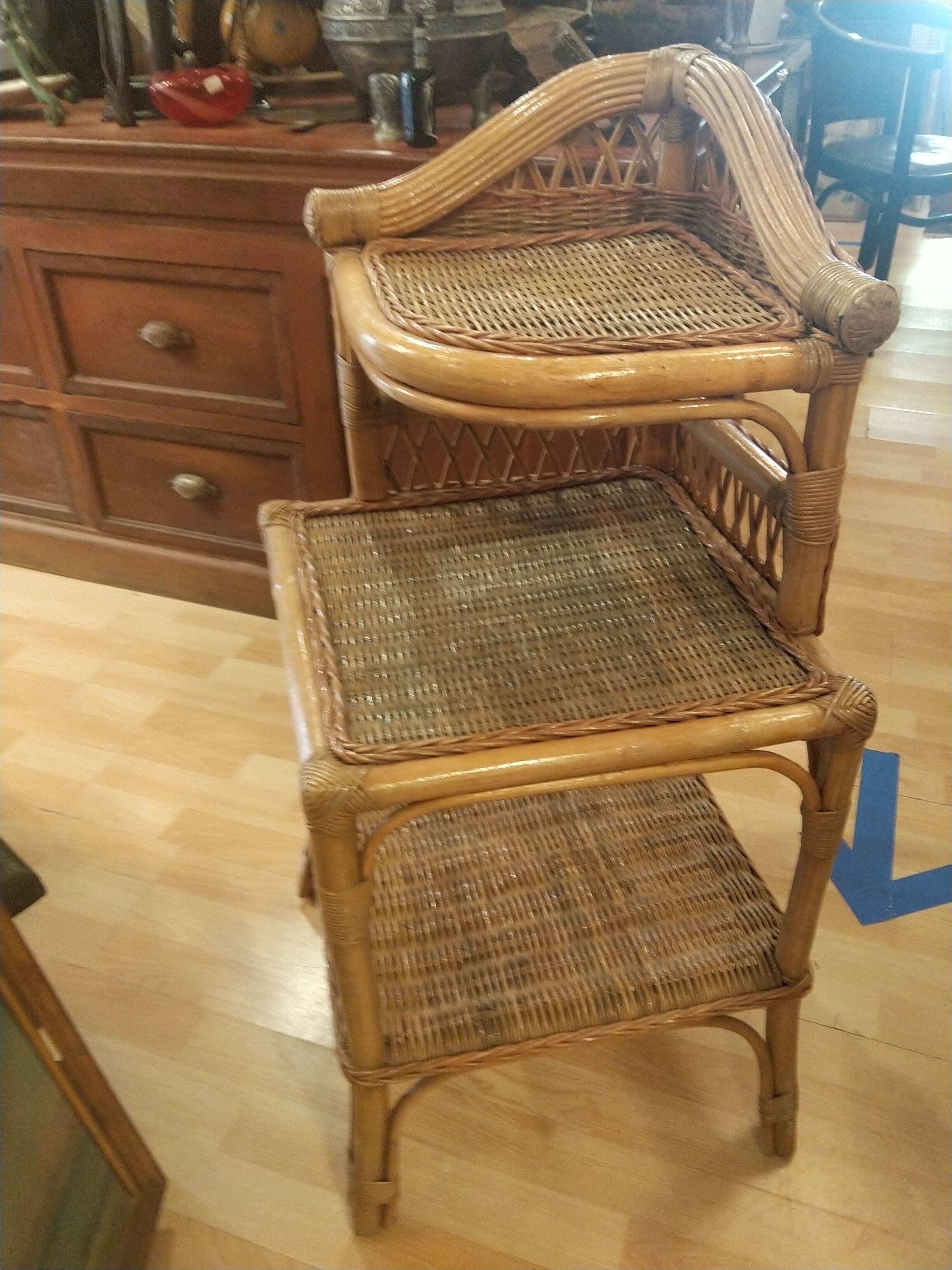 Corner shelf in bamboo and rattan, circa 1975